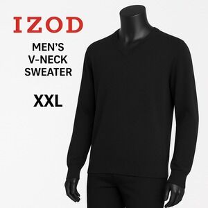 IZOD XXL‎ Black Cotton Sweater V Neck Pullover Classic Knit Lightweight Mens